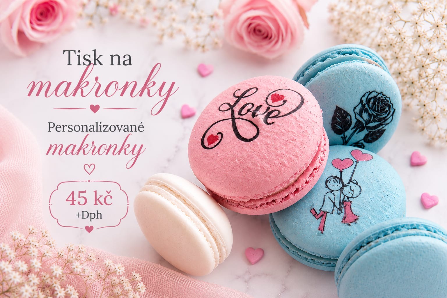 Personalizované makronky s potiskem – růžové a modré makronky s vlastním motivem